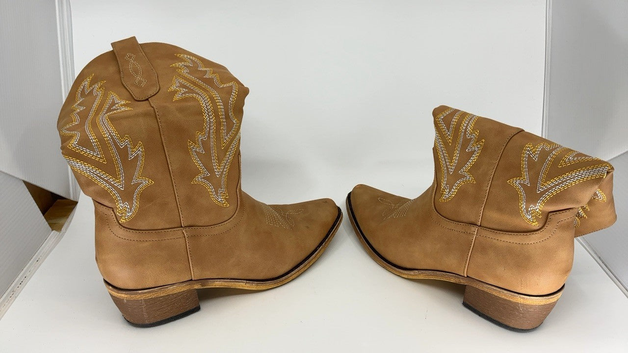 Women’s Tan Cowgirl Boots Mid Calf Square Toe Western Style