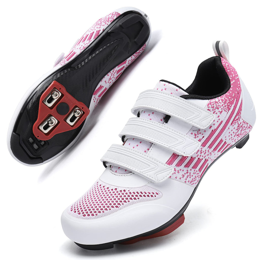 Unisex Road Bike Cycling Shoes Compatible with Peloton, Size 5.5 (White-Pink)