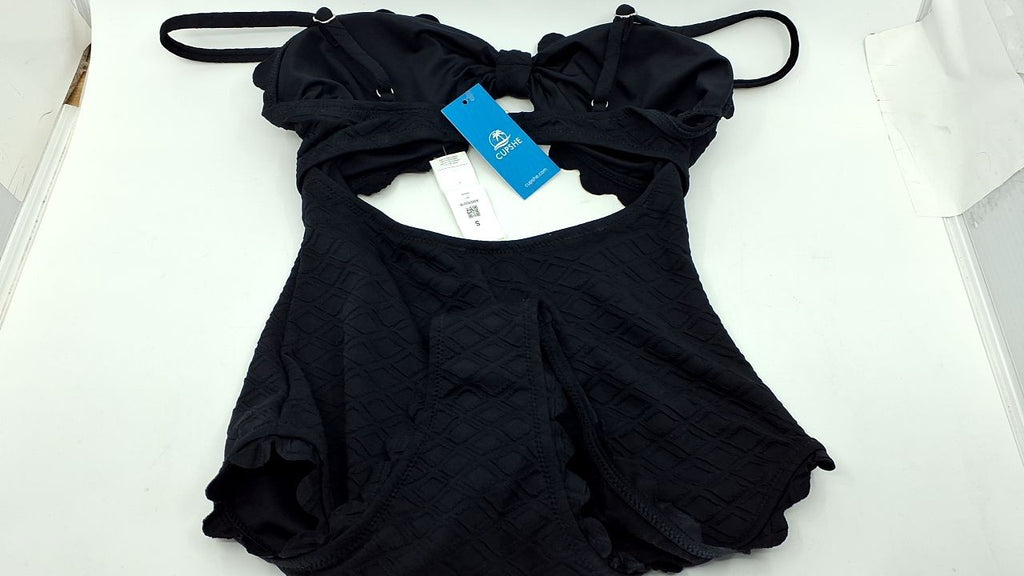 CUPSHE Black Scalloped One Piece Swimsuit w/ Cutout, Women's Size S