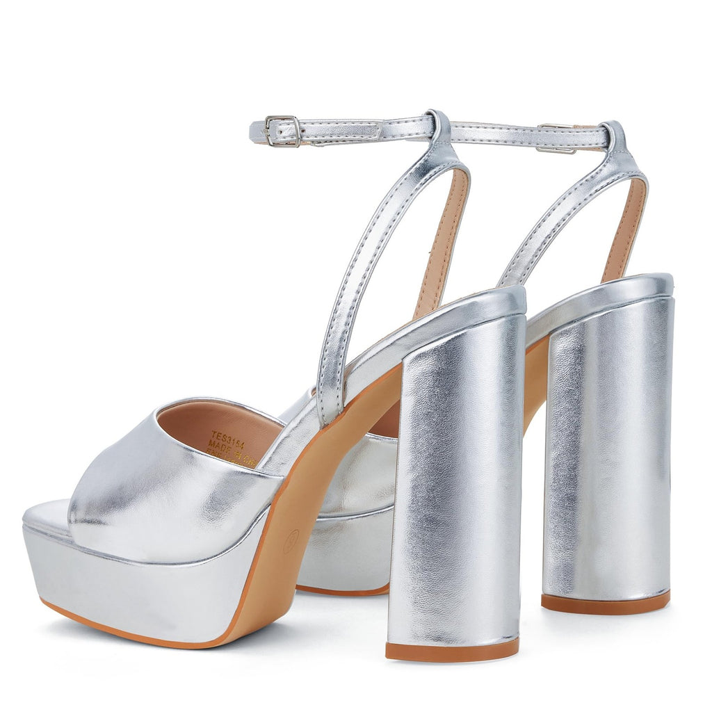 Silver Chunky Heeled Platform Sandals, 4.7 In, Size 8.5, Open Toe