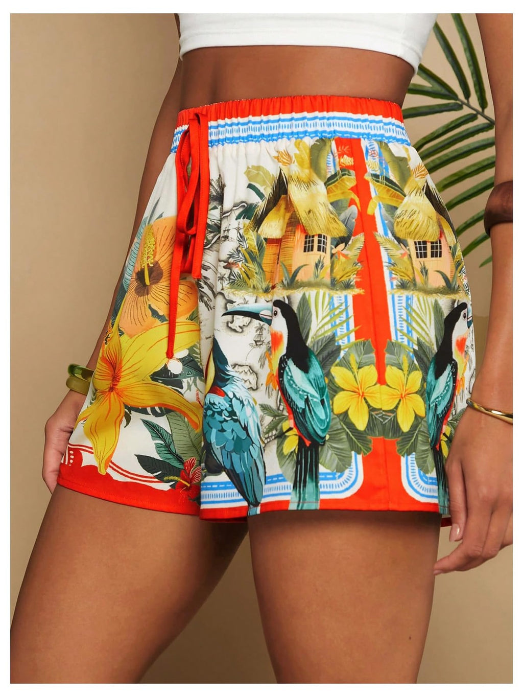 Women's Boho Drawstring Summer Shorts Beige Multi Size Small