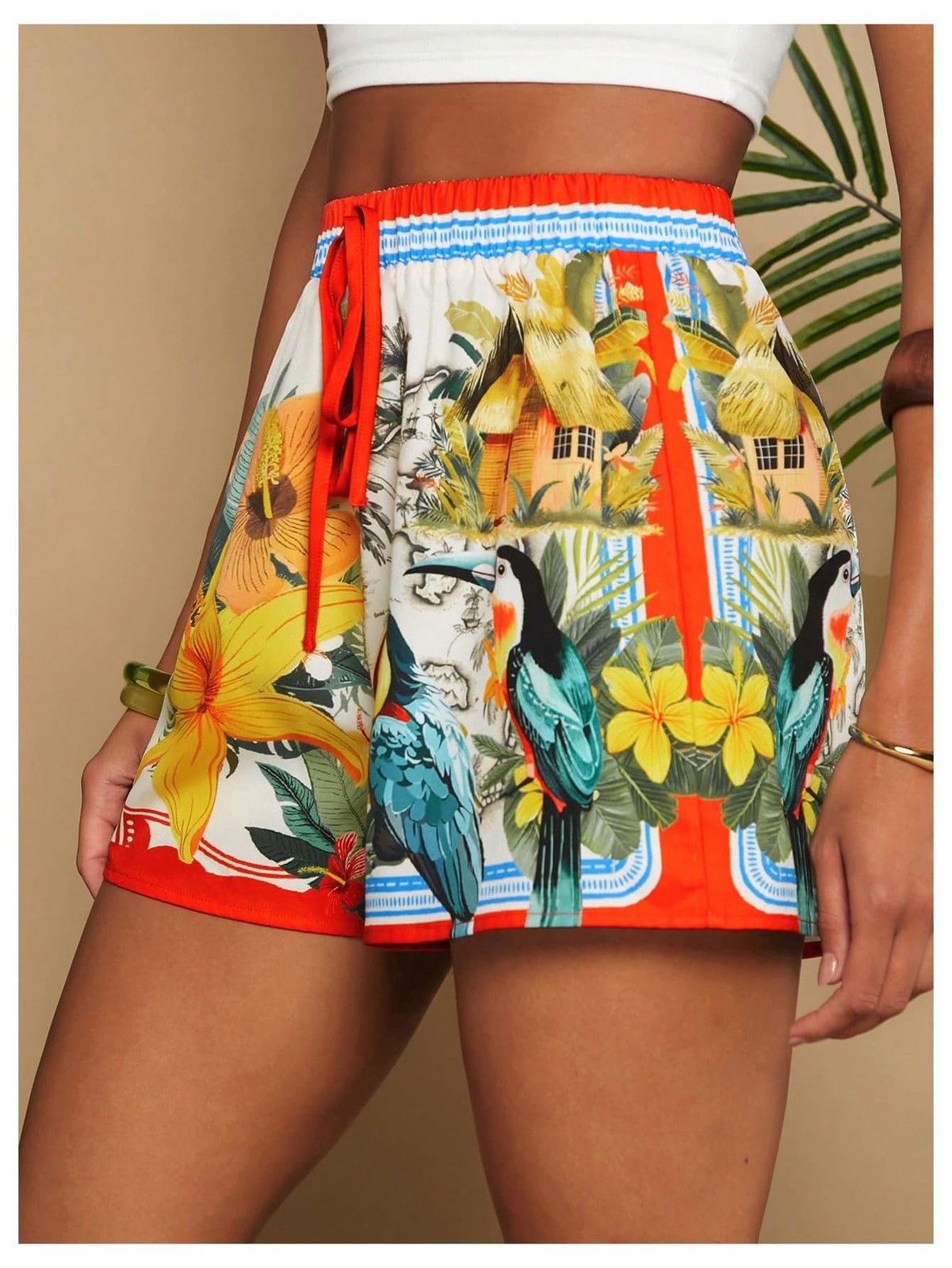 Women's Boho Drawstring Summer Shorts Beige Multi Size Small