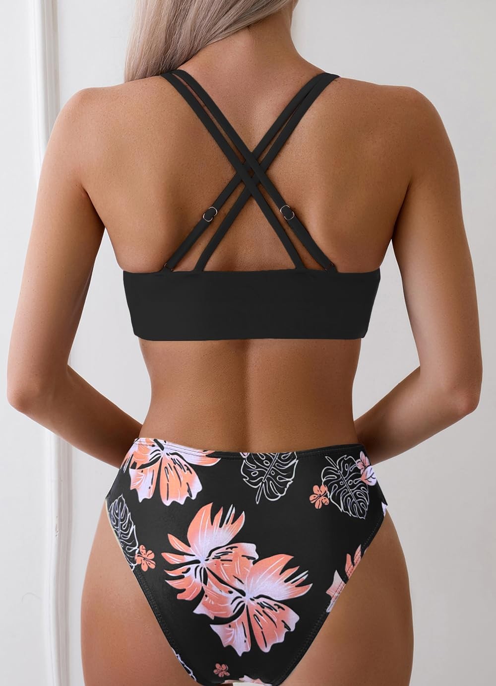 Black Floral Women's Push Up Bikini Set w/ Criss Cross Straps
