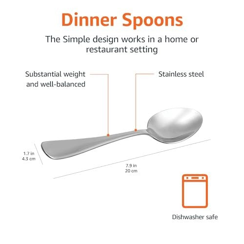Stainless Steel Dinner Spoons, 12 Pack, 7.9 In, Round Edge, Silver