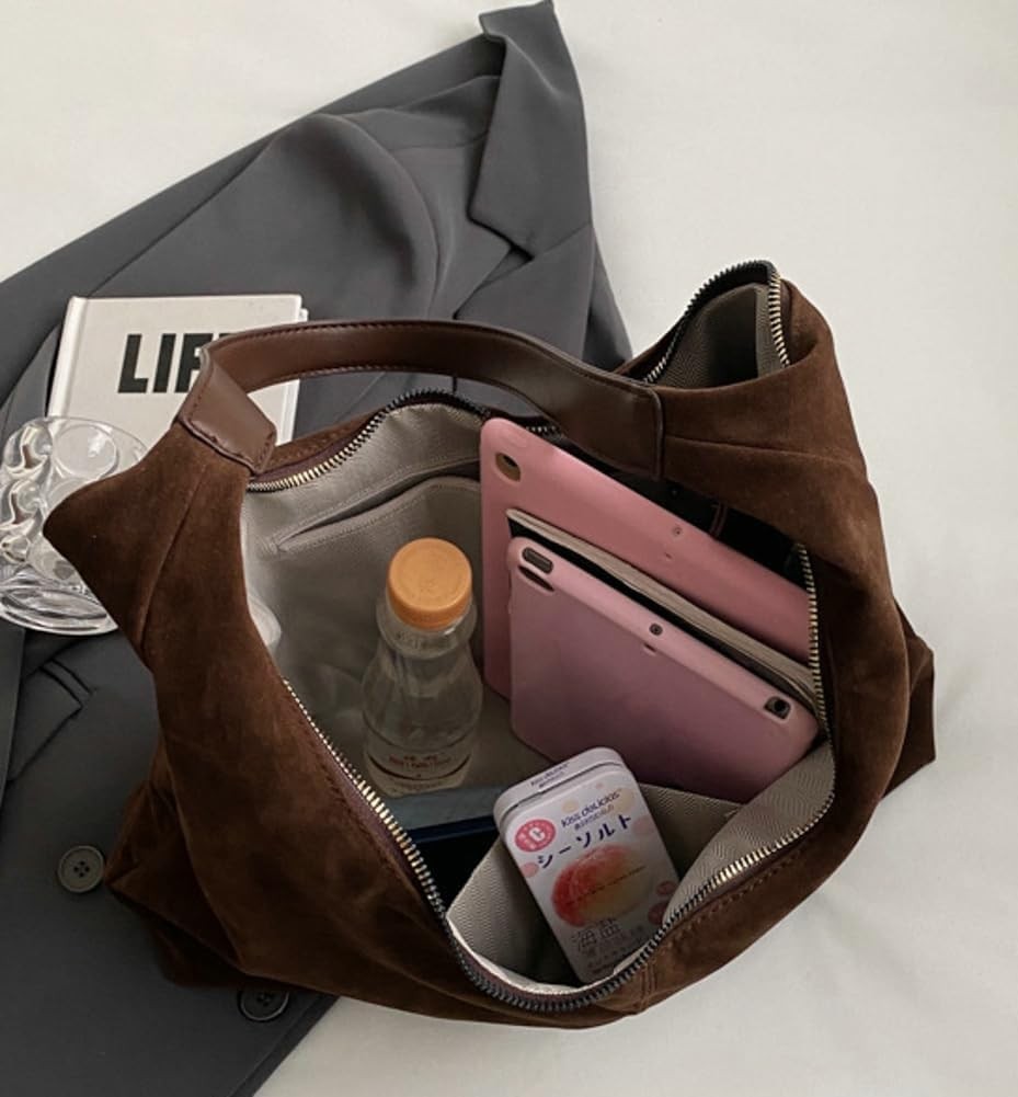 Trendy Suede Crescent Tote Bag w/ Crossbody Purse - Beige White
