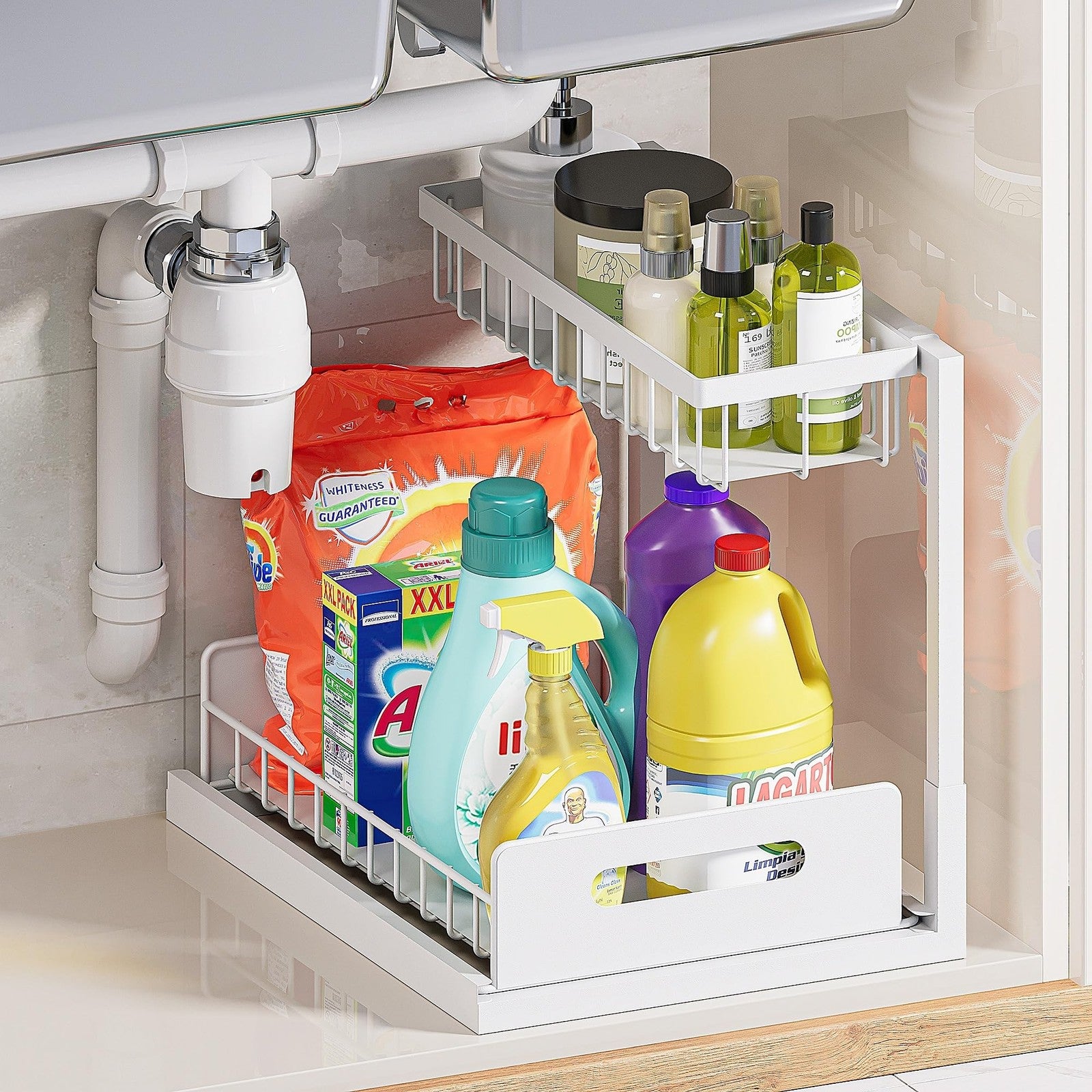 Slide Out Cabinet Organizer, White, 1 Pack for Kitchen & Bathroom
