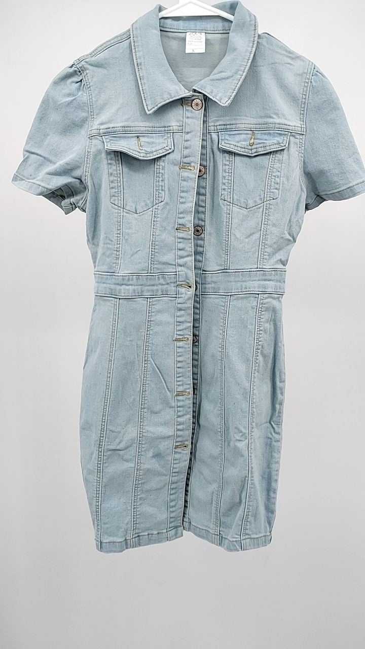 Button Front Short Sleeve Denim Dress