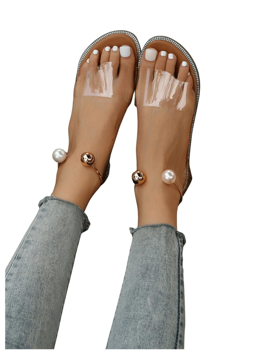 Lightweight Women's Flat Sandals Clear Straps Pearl Decor Apricot 5.5