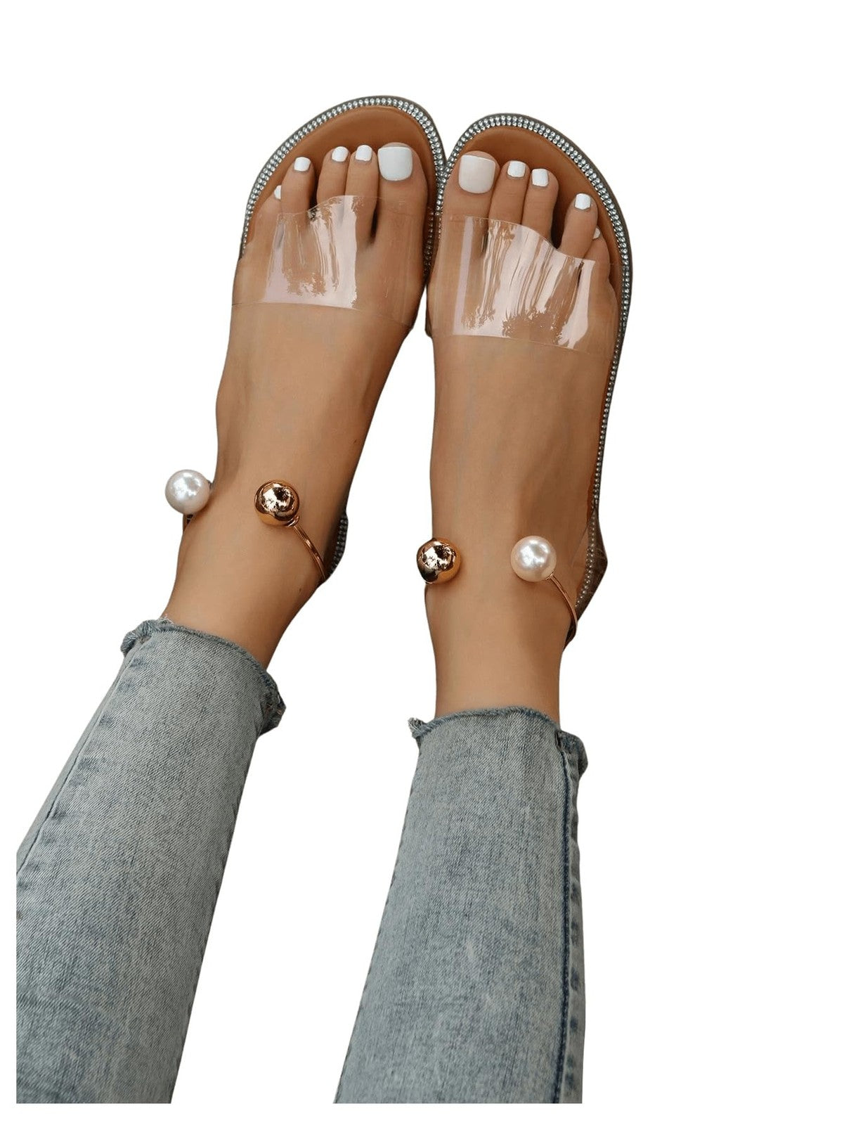 Lightweight Women's Flat Sandals Clear Straps Pearl Decor Apricot 5.5