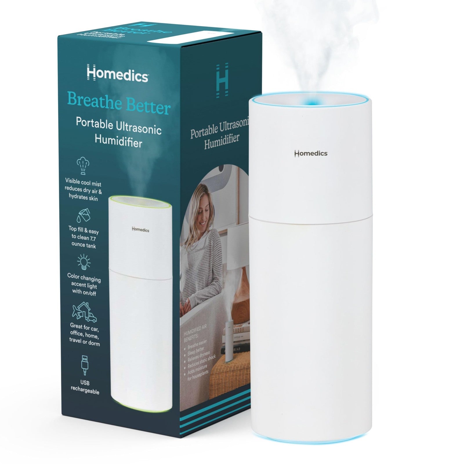 Homedics Ultrasonic Humidifier, 10-Hour Runtime, White, Travel Size