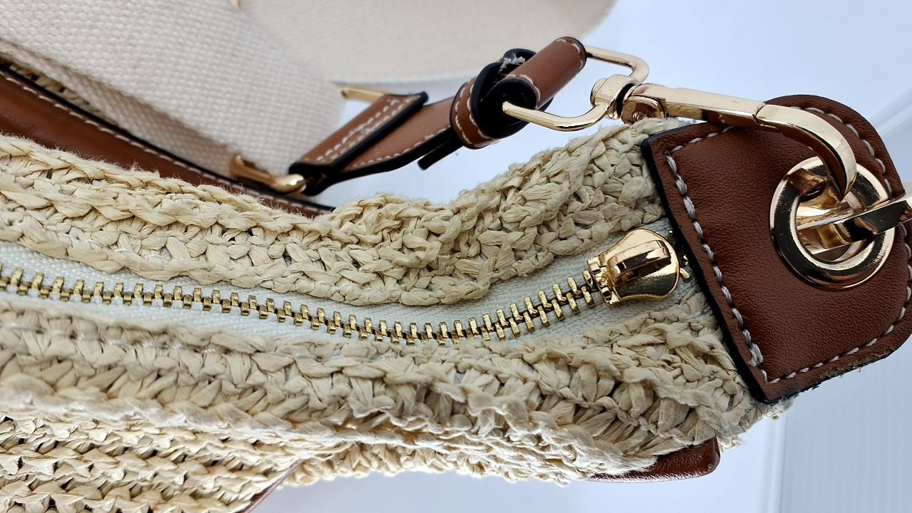 Khaki Straw Crossbody Bag for Women w/ Adjustable Strap - Summer Chic