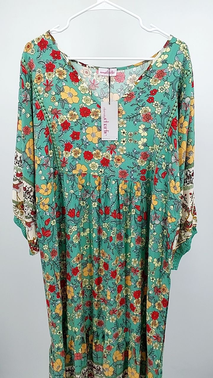Plus Size Bohemian Floral Print Long Sleeve Midi Dress