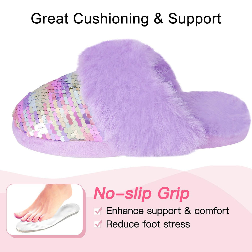 Fuzzy Slip-On Slippers for Girls, Purple Faux Fur, Memory Foam, Size 11-12