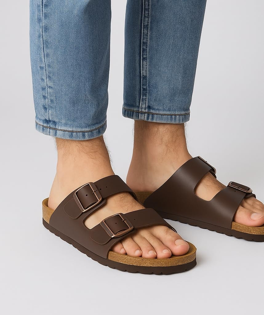 CUSHIONAIRE Lane Cork Footbed Mens Sandals, Adjustable Buckle Comfort Slides, 10