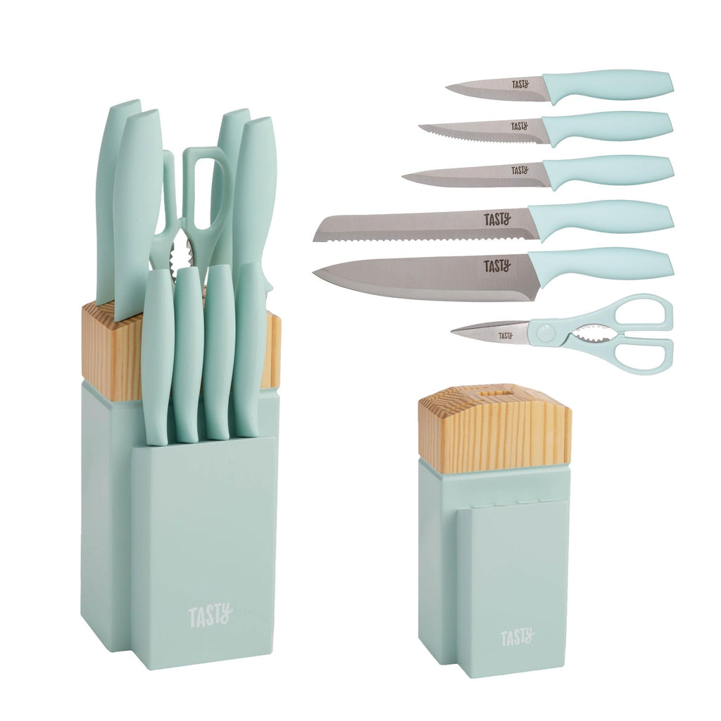 10-Piece Aqua Knife Block Set: Chef, Bread, Utility, Paring, Steak Knives