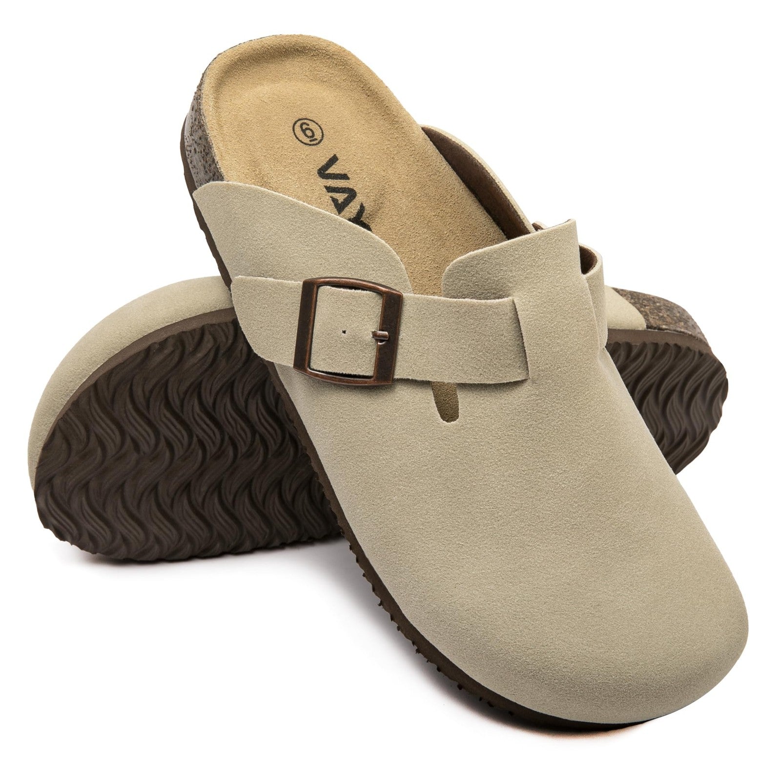 Women’s Beige Suede Clogs w/ Arch Support Cork Footbed Size 9