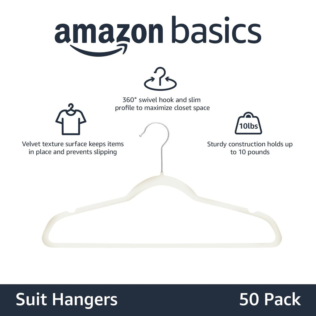 Slim Velvet Clothes Hangers, 50-Pack, Ivory/Silver, Non-Slip