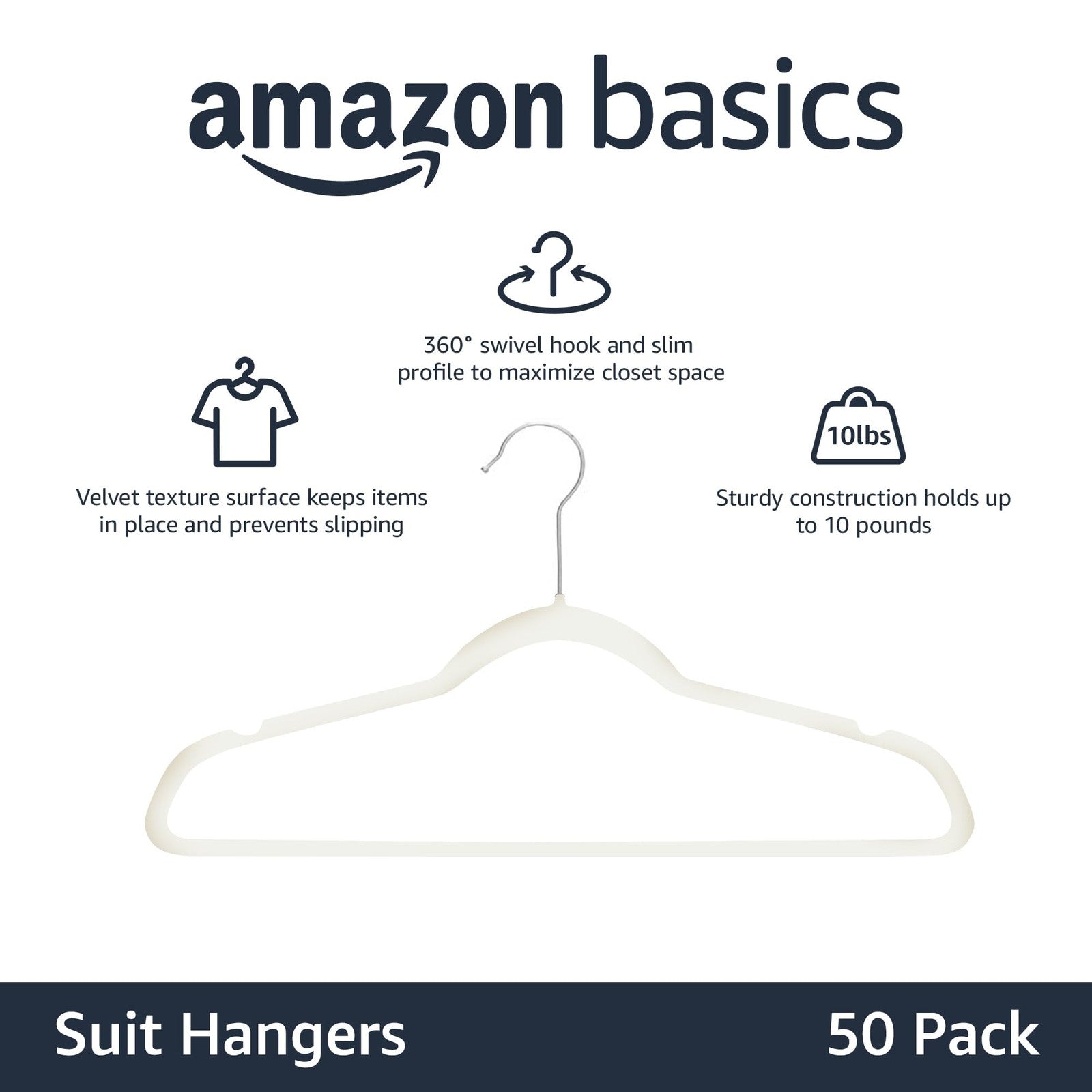 Slim Velvet Clothes Hangers, 50-Pack, Ivory/Silver, Non-Slip