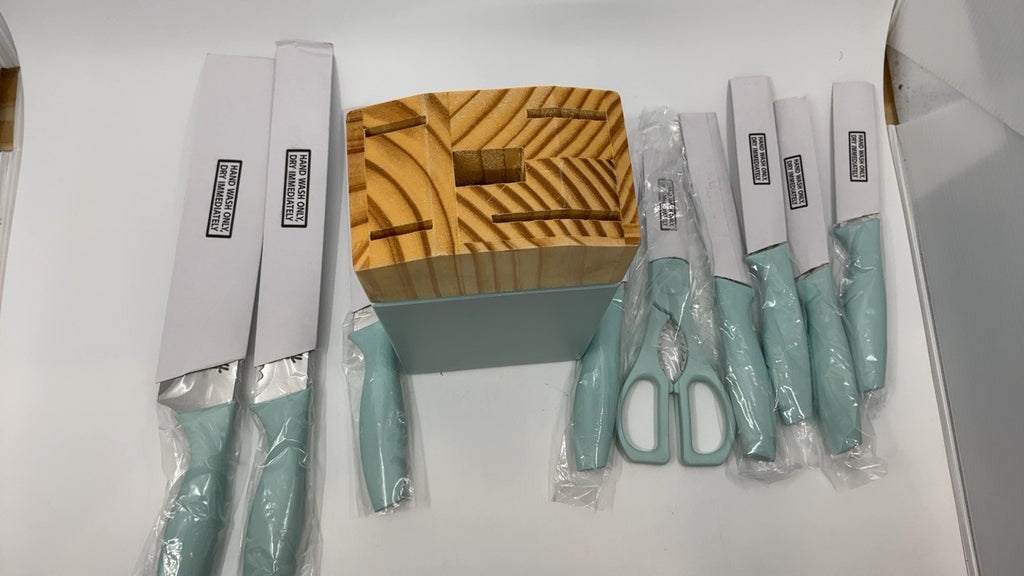 10-Piece Aqua Knife Block Set: Chef, Bread, Utility, Paring, Steak Knives