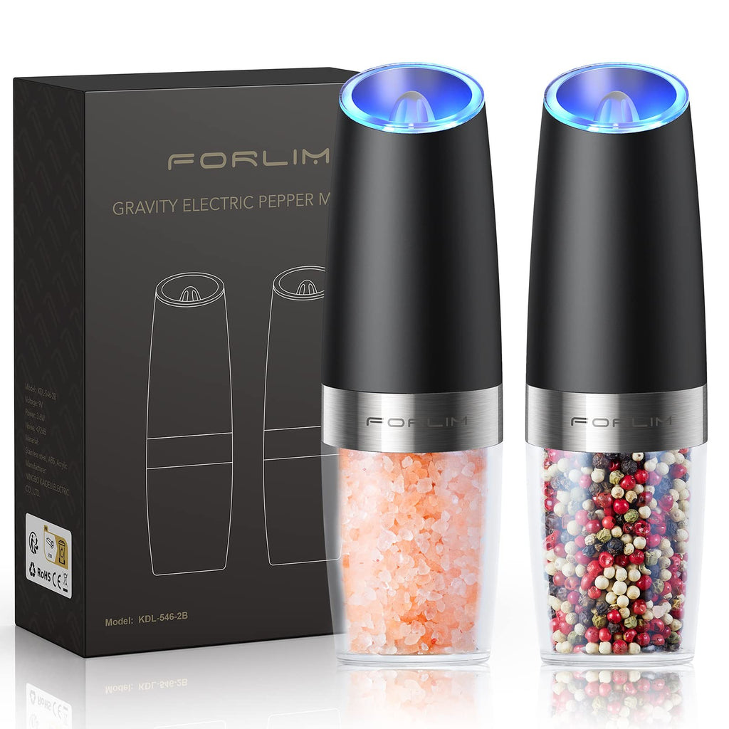 Automatic Salt & Pepper Grinder Set w/ LED Light, Black, Adjustable Coarseness