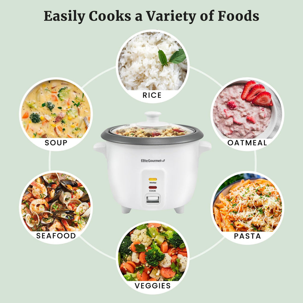 Elite Gourmet Rice Cooker 6 Cups, Non-Stick Inner Pot, White