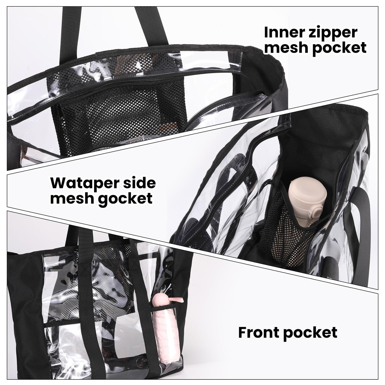 BORMELUN XL Clear Tote Bag 20in Heavy Duty Stadium Handbag Black