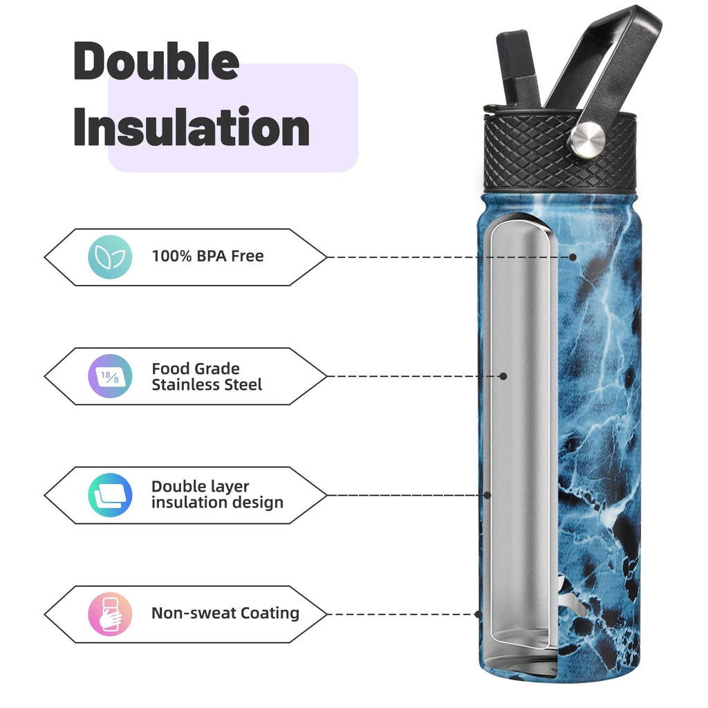 22oz Stainless Steel Insulated Water Bottle w/ 3 Lids, Marble Ocean