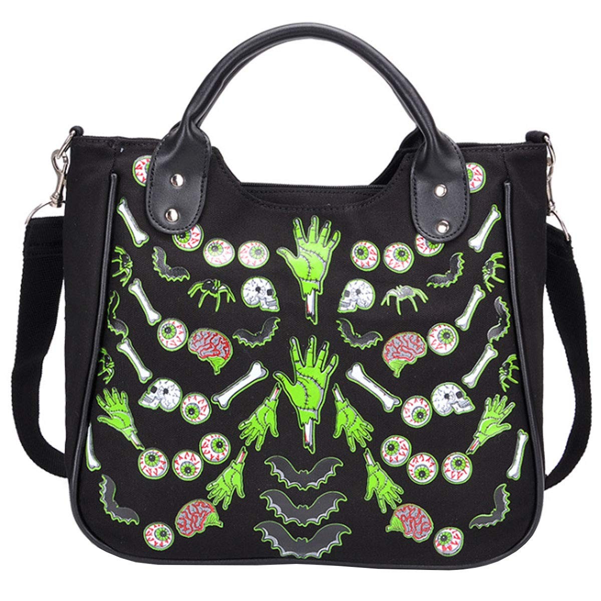 Punk Rivet Canvas Tote Handbag Black Skull Large Capacity