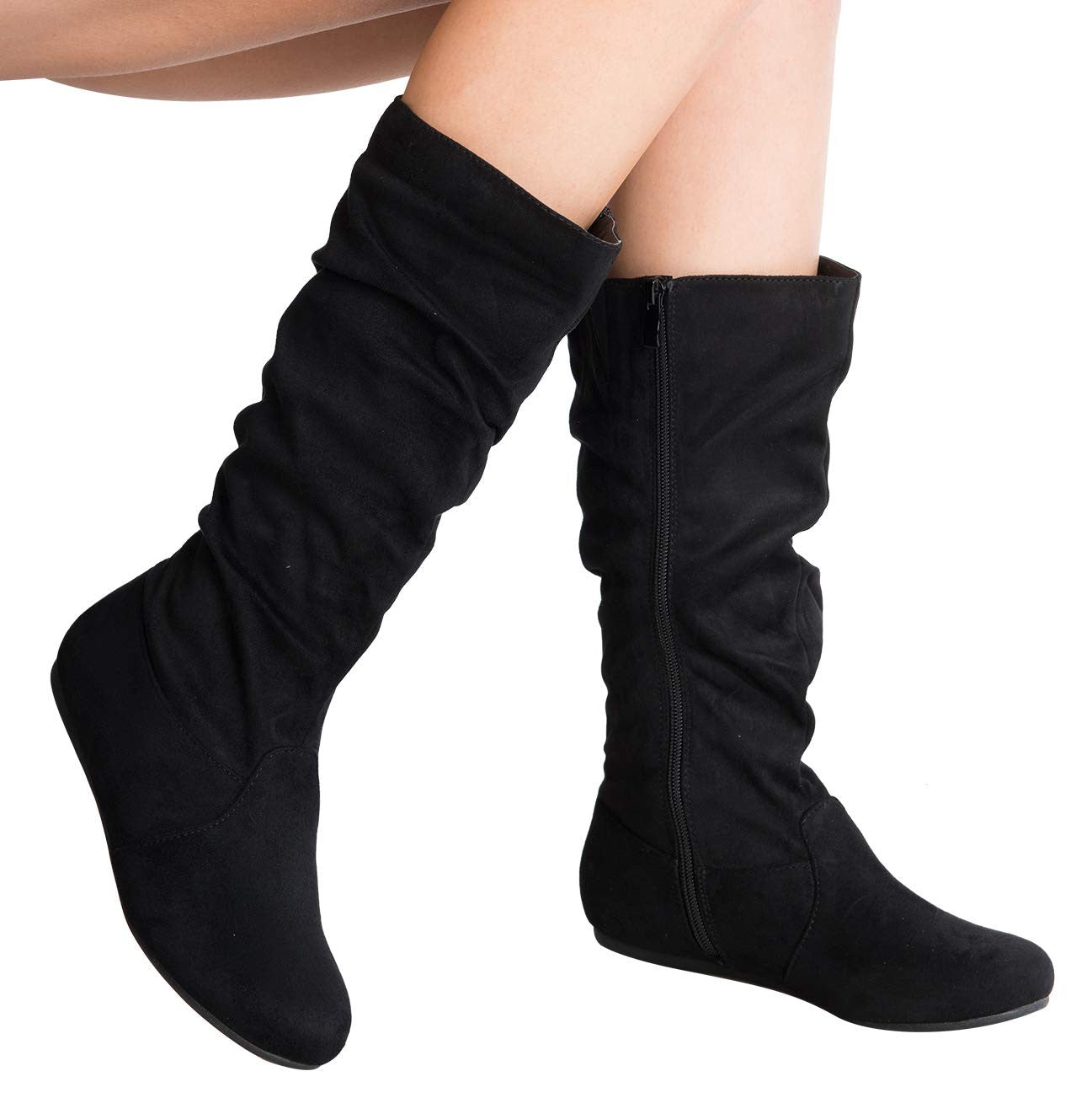 Olivia K Womens Low Heel Mid-Calf Slouchy Suede Casual Boots with Side Zipper