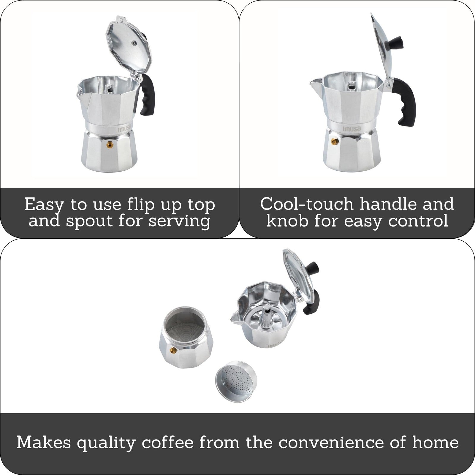 IMUSA Aluminum Stovetop Espresso Maker, 3-Cup, Silver