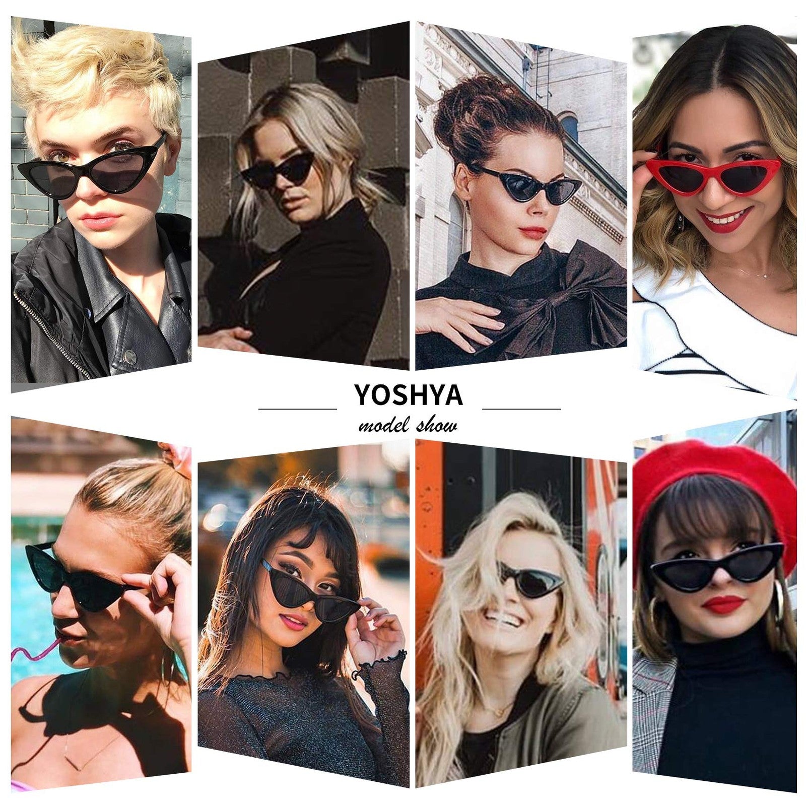 YOSHYA Retro Vintage Narrow Cat Eye Sunglasses for Women (Black Grey + Red Grey)