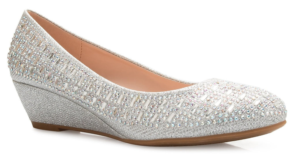 Olivia K Women's Close Round Toe Low Wedge Rhinestone Comfort Silver Size 7.5