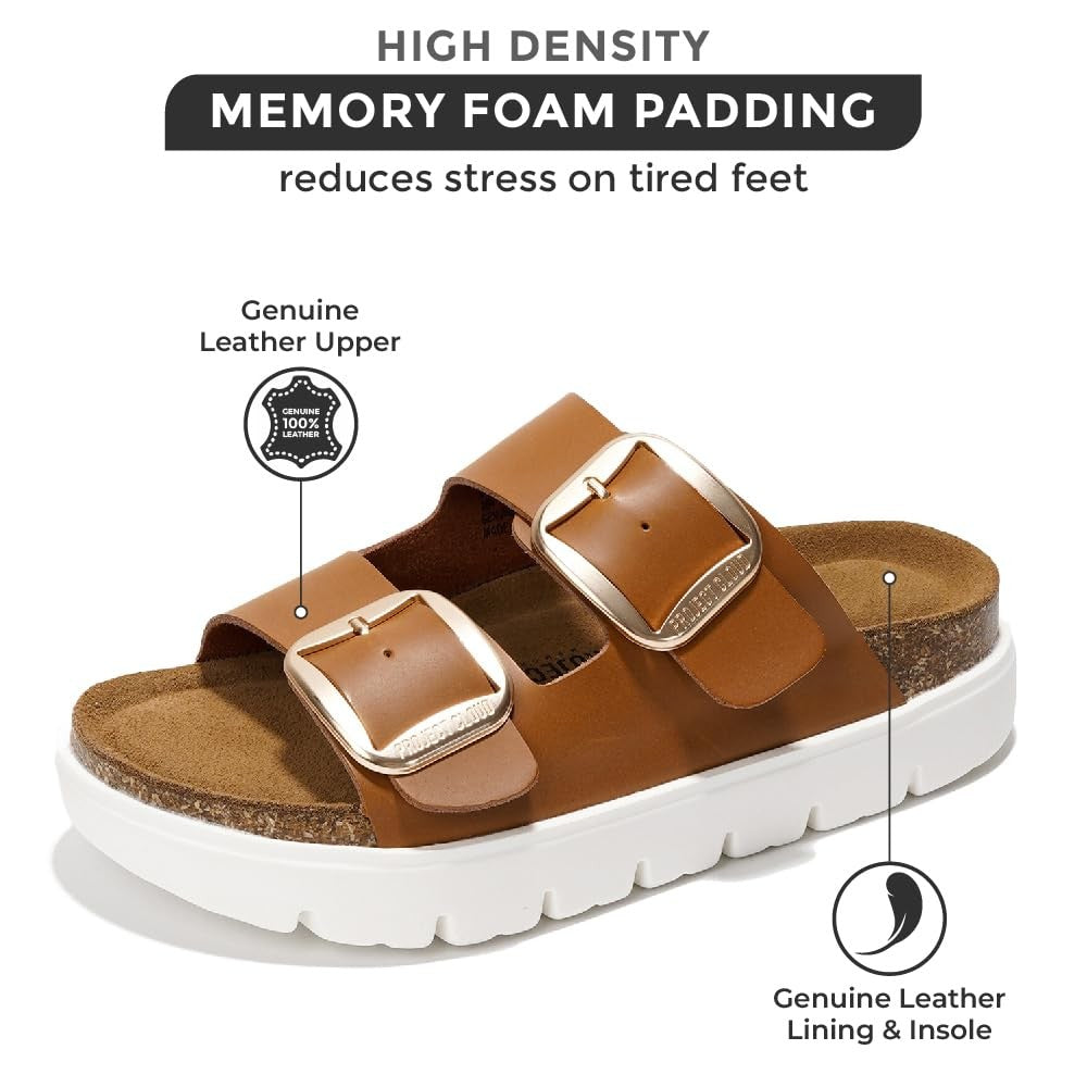 Women's Platform Sandals 10 Tan Leather Cork Footbed Chunky Wedge