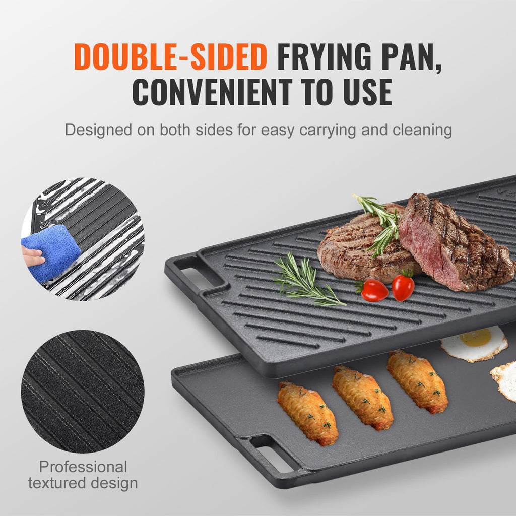 Rectangular 17x10'' Cast Iron Griddle Pan, Non-Stick, BBQ, Black