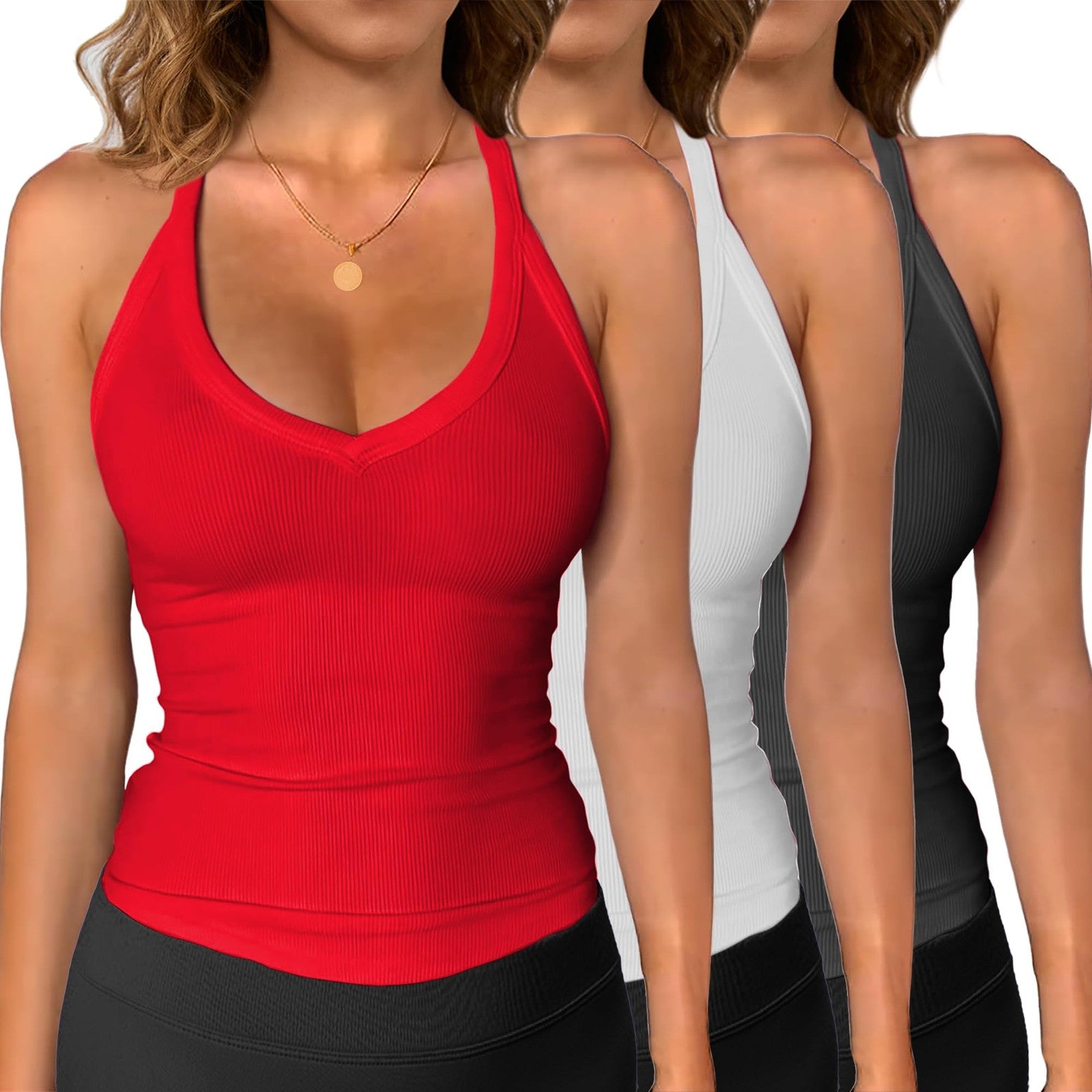 XL Women’s Ribbed Tank Top, Racerback, Black White Red, Gym Wear
