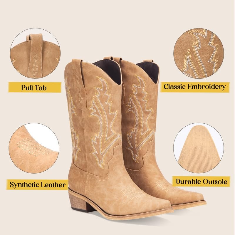 Women’s Tan Cowgirl Boots Mid Calf Square Toe Western Style