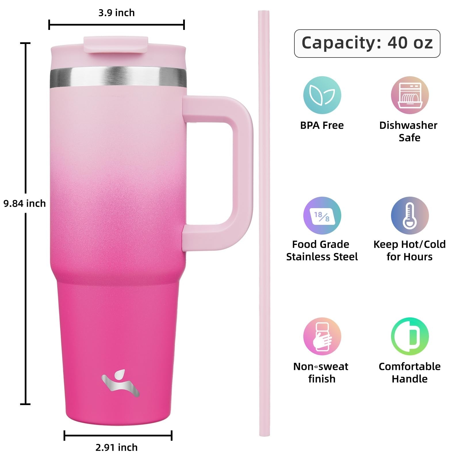 Stainless Steel 40oz Tumbler w/ 2 Straws, Cherry Blossoms Design
