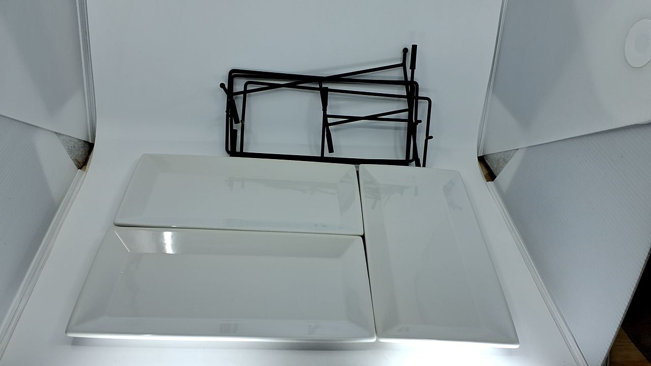 Contemporary 3-Tier Serving Tray Set - White Porcelain Plates