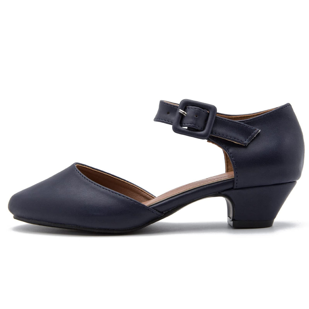 Enelauge Women's Matte Navy Ankle Strap Low Chunky Heel Pumps 7.5