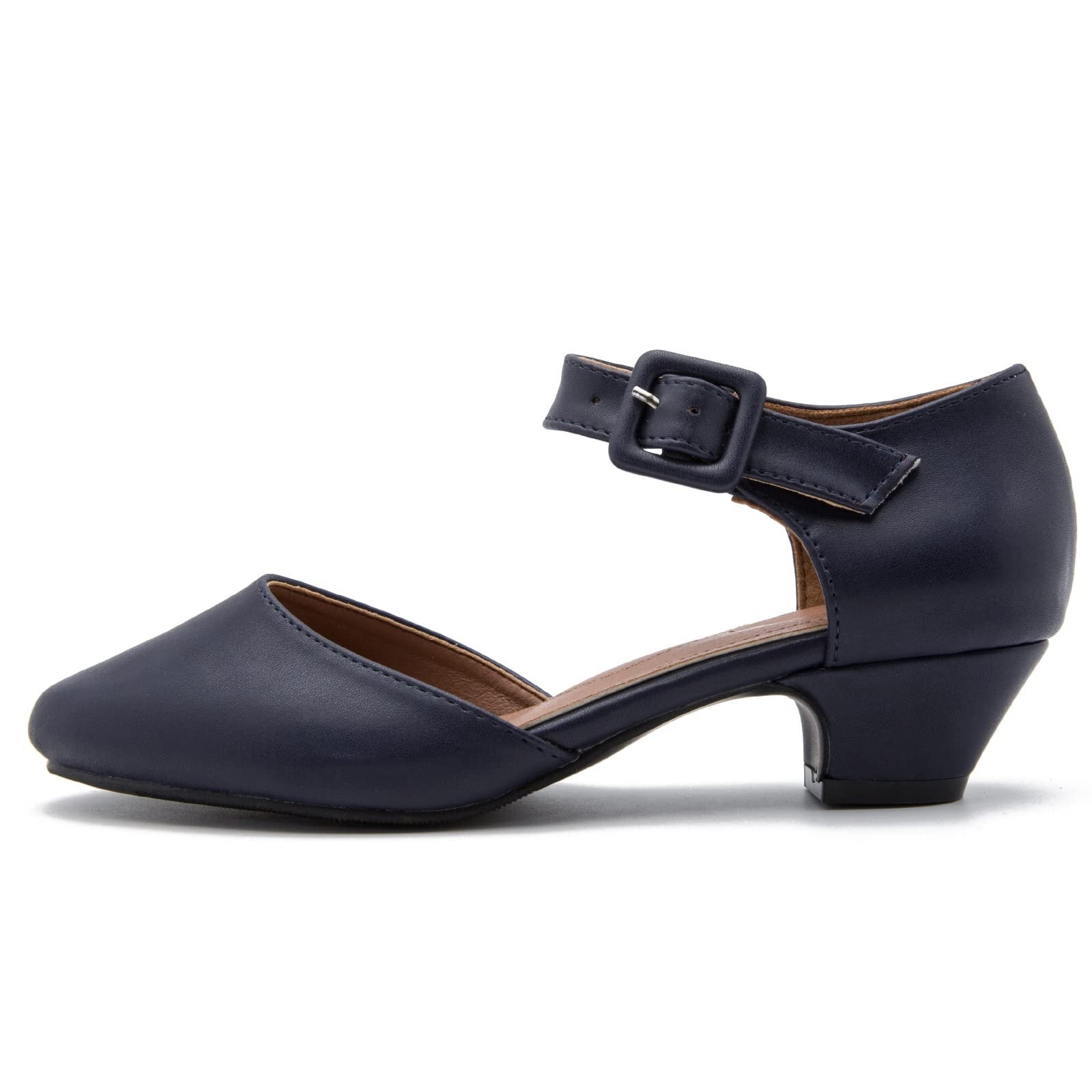 Enelauge Women's Matte Navy Ankle Strap Low Chunky Heel Pumps 7.5