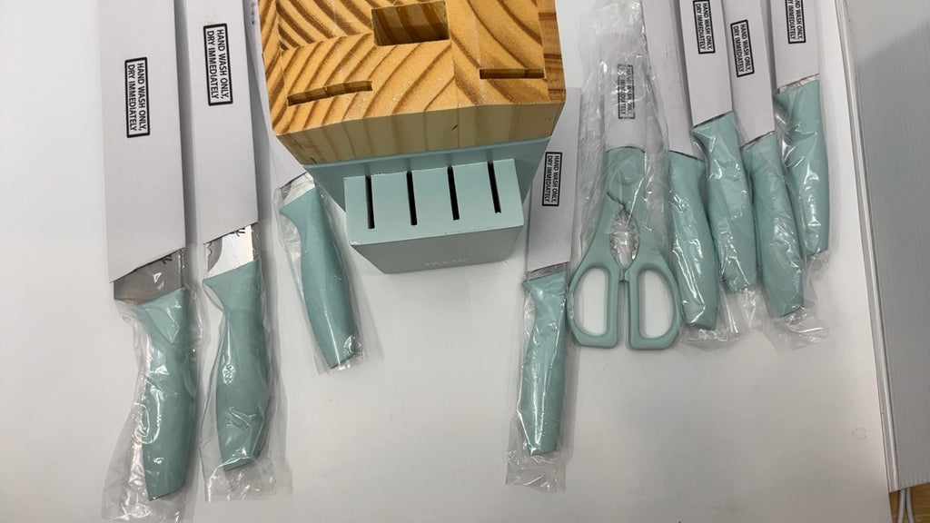 10-Piece Aqua Knife Block Set: Chef, Bread, Utility, Paring, Steak Knives