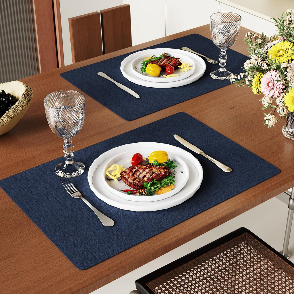 Navy Blue Faux Leather Placemats Set of 6, Waterproof & Easy to Clean