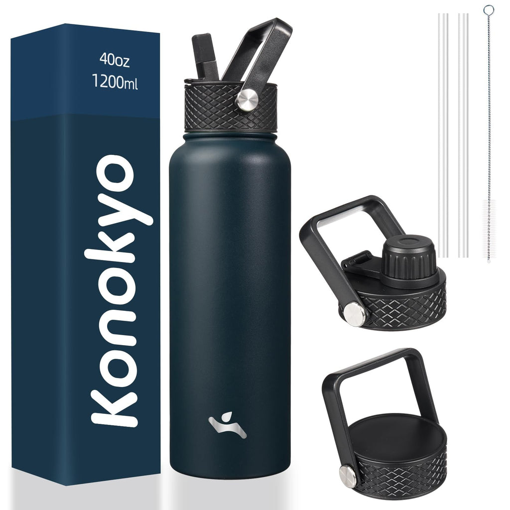 Konokyo 40oz Stainless Steel Insulated Bottle Navy Blue w/ 3 Lids
