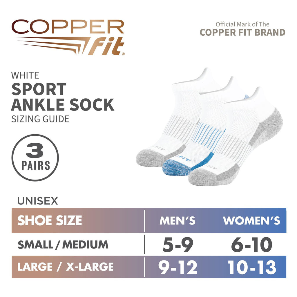 Copper Fit Unisex Adult Ankle Length Sport Socks, White, Small-Medium US