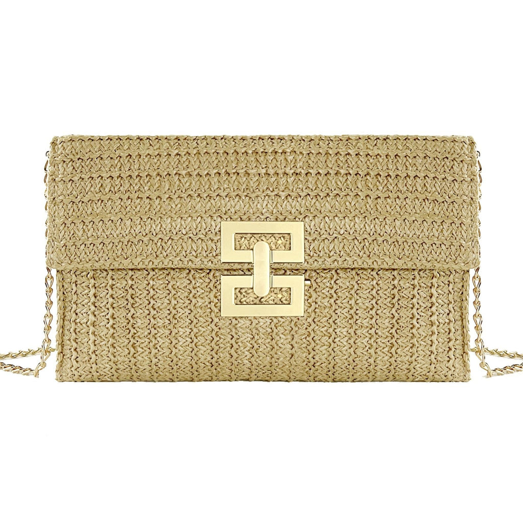 Khaki Straw Clutch Purse 10.2x5.9in Woven Beach Bag w/ Strap