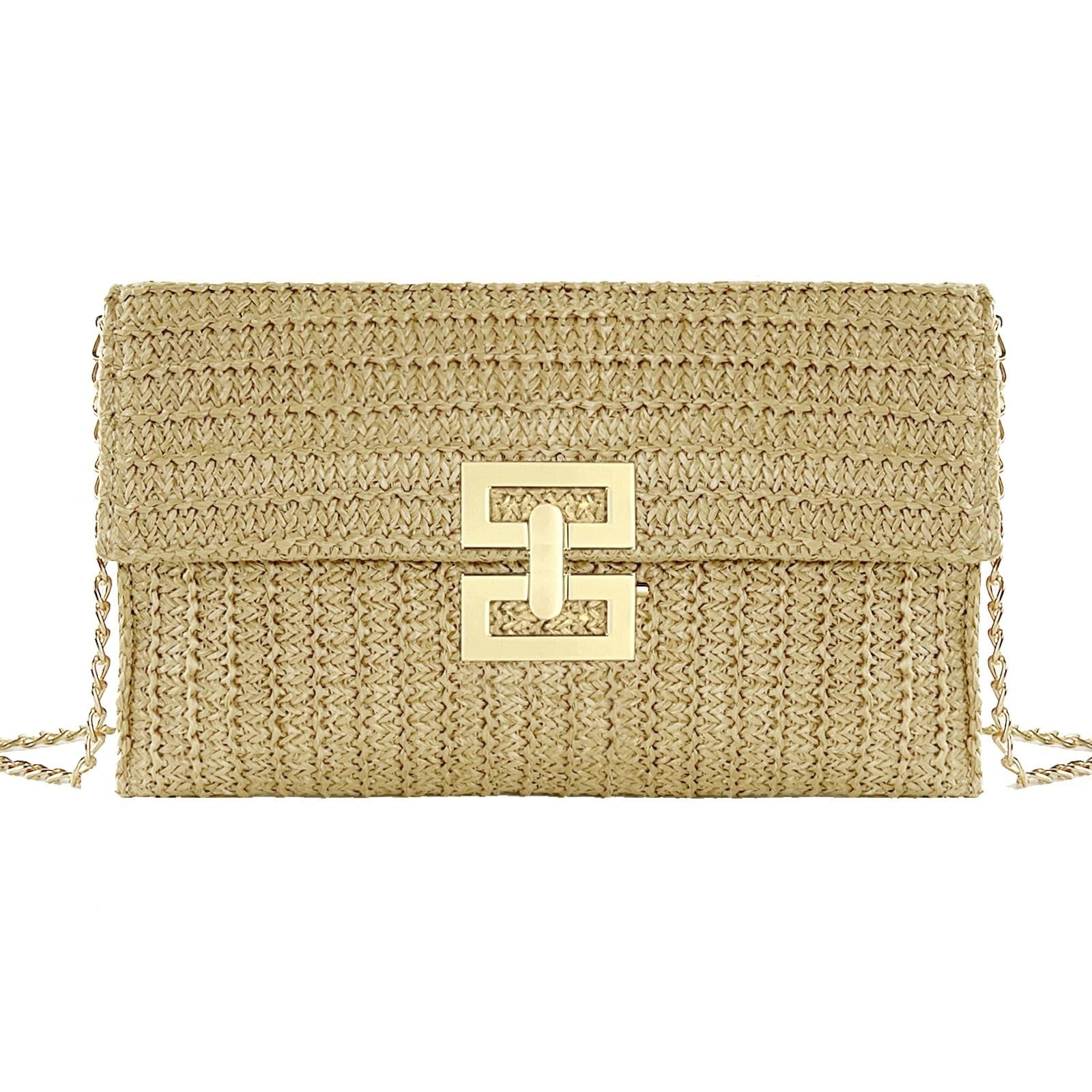 Khaki Straw Clutch Purse 10.2x5.9in Woven Beach Bag w/ Strap