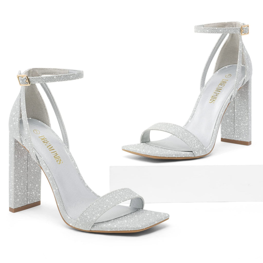 Chunky Block Square Toe Heels Sandals, Size 5.5, Silver