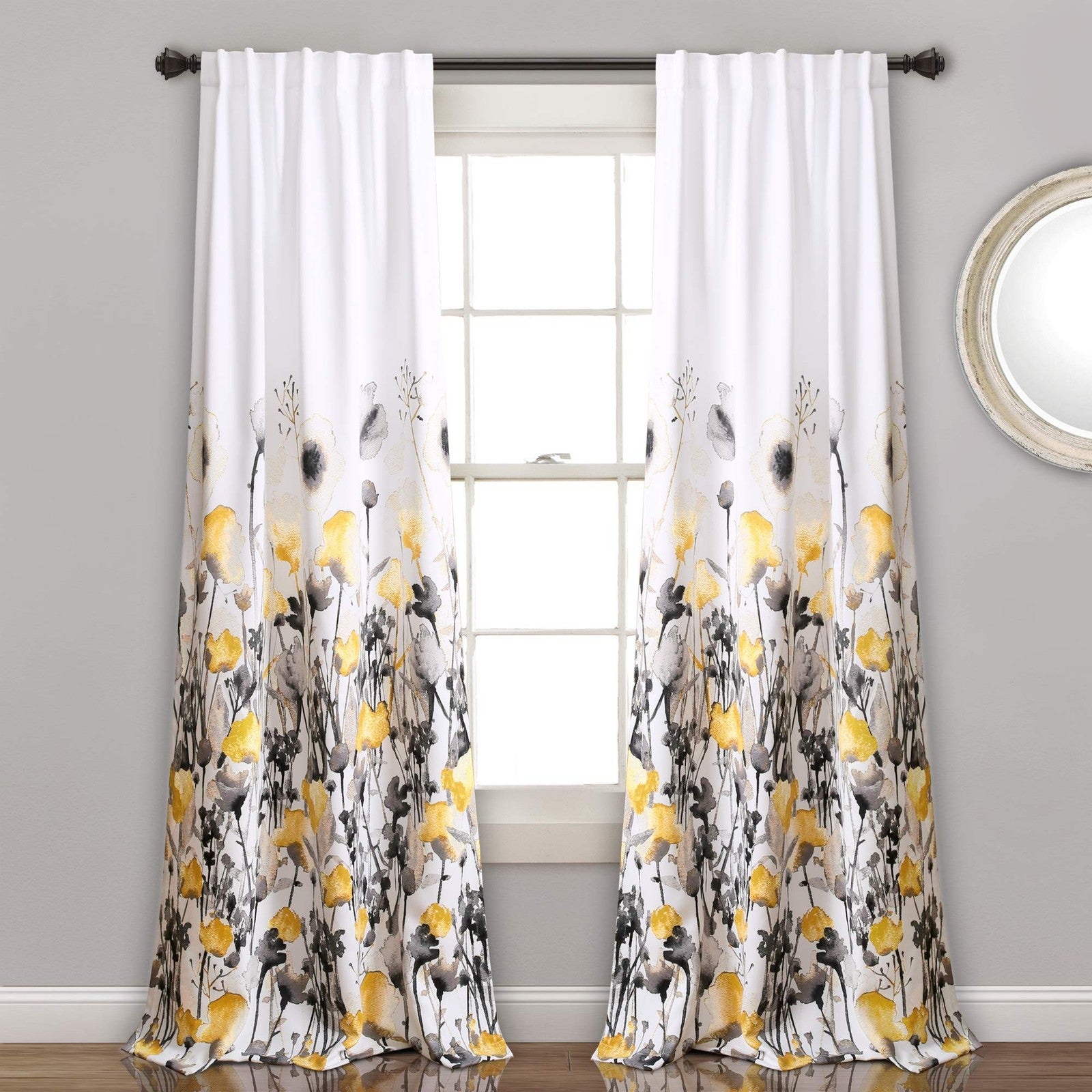Zuri Flora Curtains 84x52, Yellow & Gray, Light Filtering, 2-Pc Set