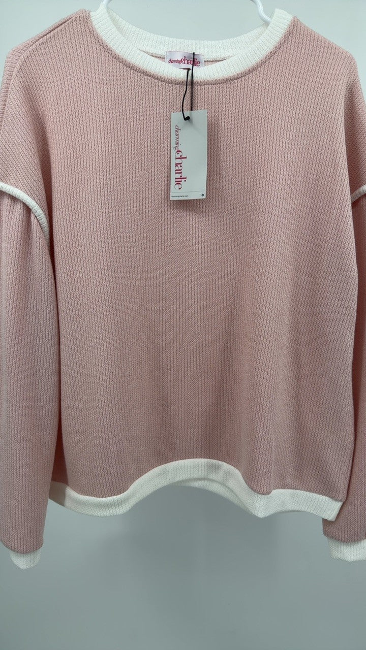 Ribbed Contrast Trim Long Sleeve Top