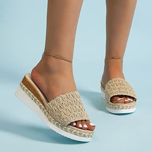 Fashion Summer Slippers Women Thick Slope Heel Beige 4.5 UK